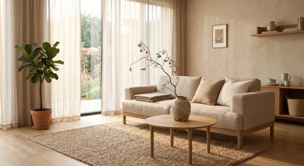 Three luxury sofa fabric swatches arranged on marble — emerald velvet, natural oatmeal linen, and cream wool boucle — with gold scissors and design magazines
