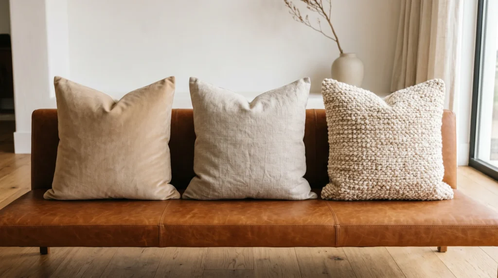 Three luxury sofa fabric swatches arranged on marble — emerald velvet, natural oatmeal linen, and cream wool boucle — with gold scissors and design magazines