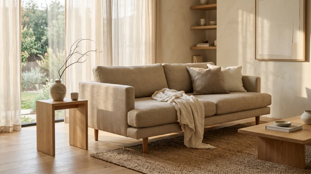 A serene Japandi living room with a low-profile linen sofa, oak legs, natural light streaming through sheer curtains, wabi-sabi ceramic vase with a dried branch, and a handwoven jute rug