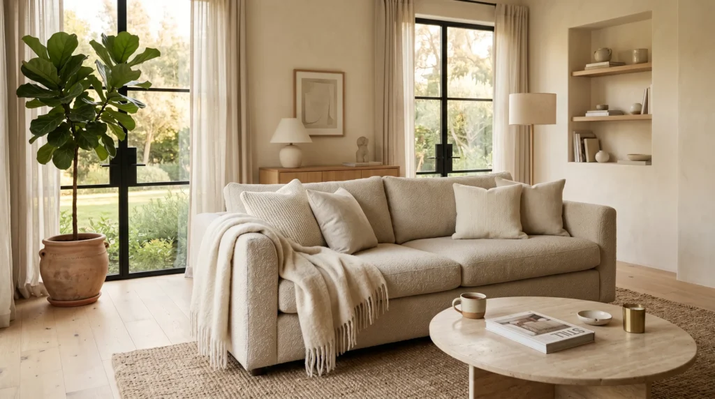 A cozy warm minimalist living room centered on an inviting oatmeal boucle sofa with a cream throw blanket, travertine coffee table, and soft golden light